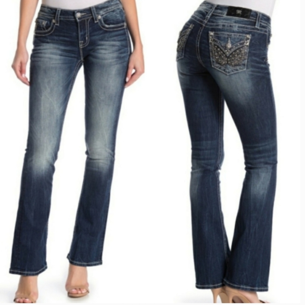 Miss Me Standard Boot Cut Designer Rhinestone Denim Blue Jeans - Long Length - Picture 4 of 9